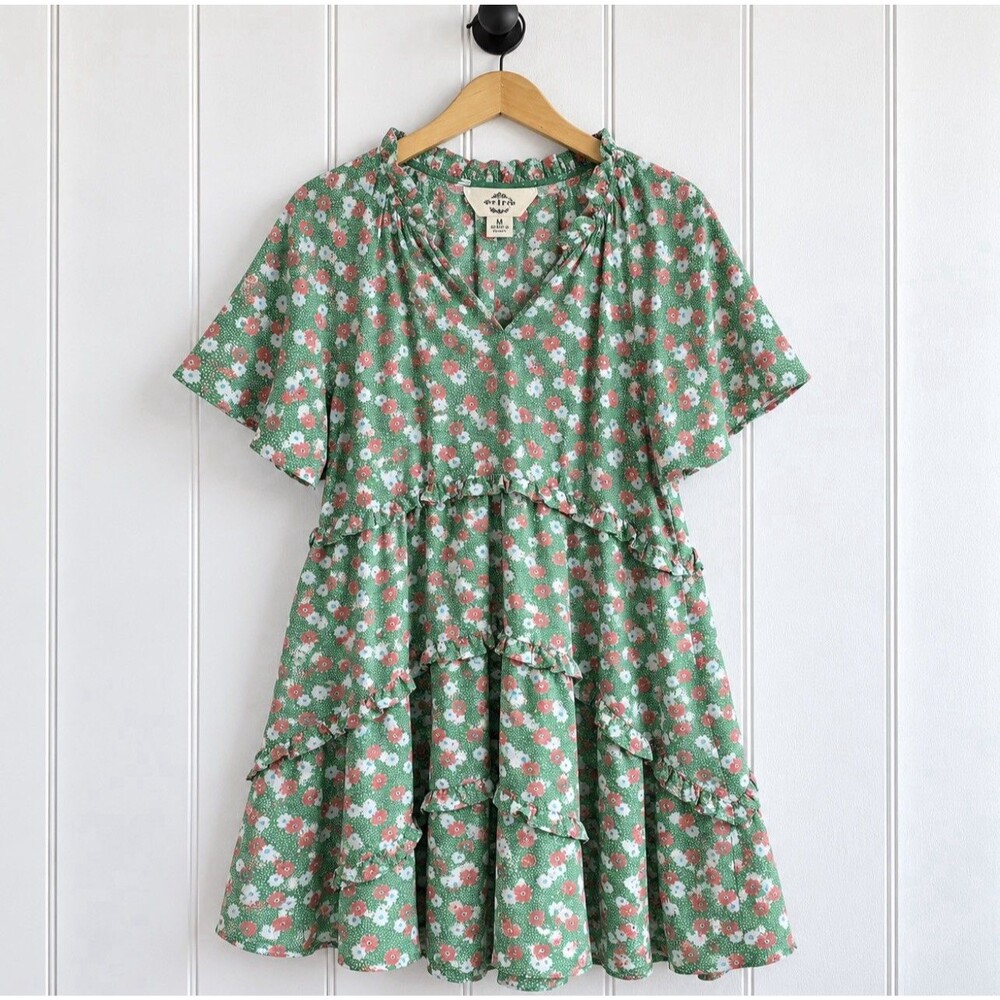 Entro Green Pink Floral Tiered Mini Dress Cottagecore Boho Romantic Size Medium